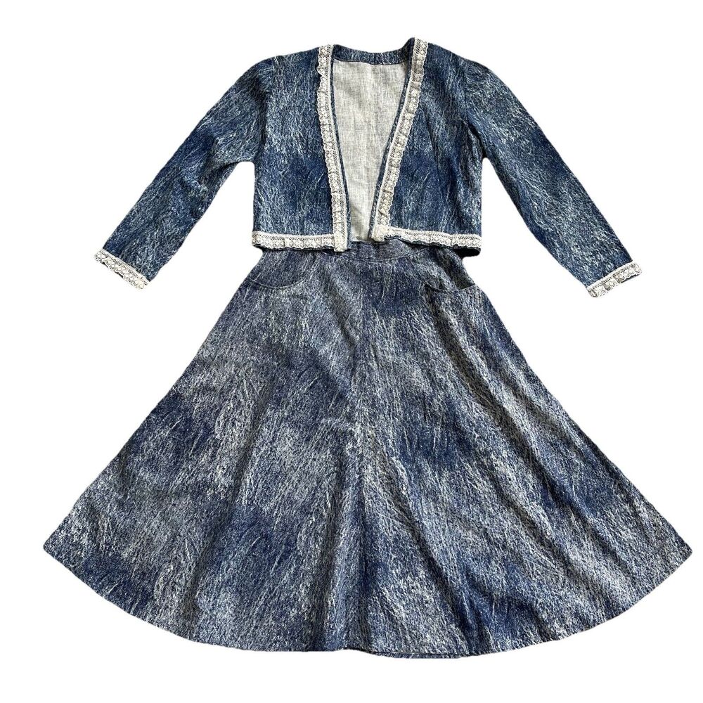 Handmade Cottage Core Denim Look Skirt Set Cropped Jacket Lace Trim Womens